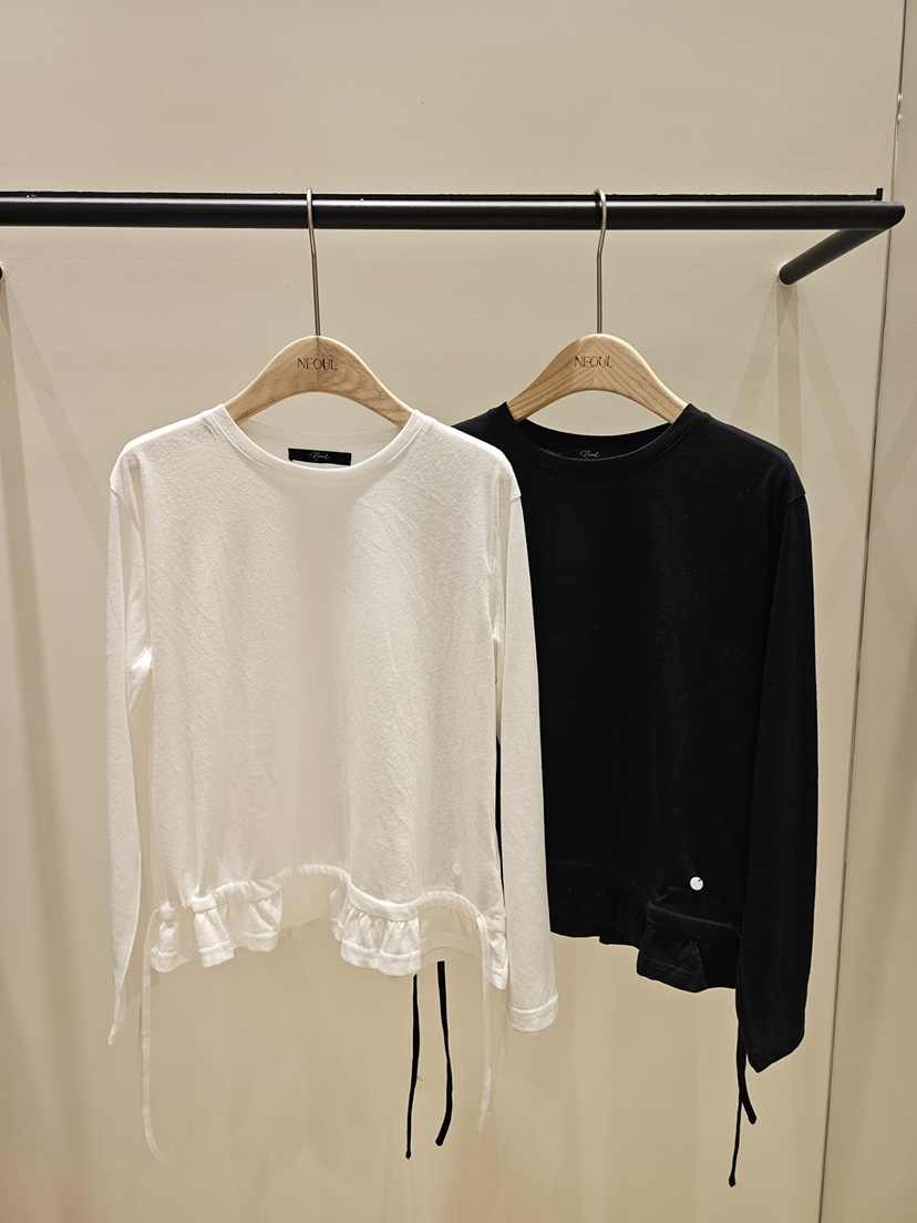 NEOUL東大門代購女士新品休閑真品26夏季熱賣長袖T恤荷葉邊NEOUL/ahin雙領標簽長袖T恤