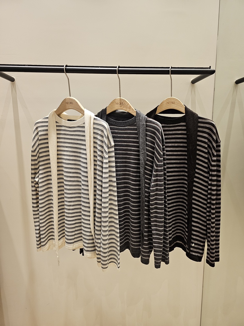 NEOUL東大門實拍女士新品時尚26夏季熱賣長袖T恤含圍巾條紋NEOUL/ahin雙領標簽長袖T恤