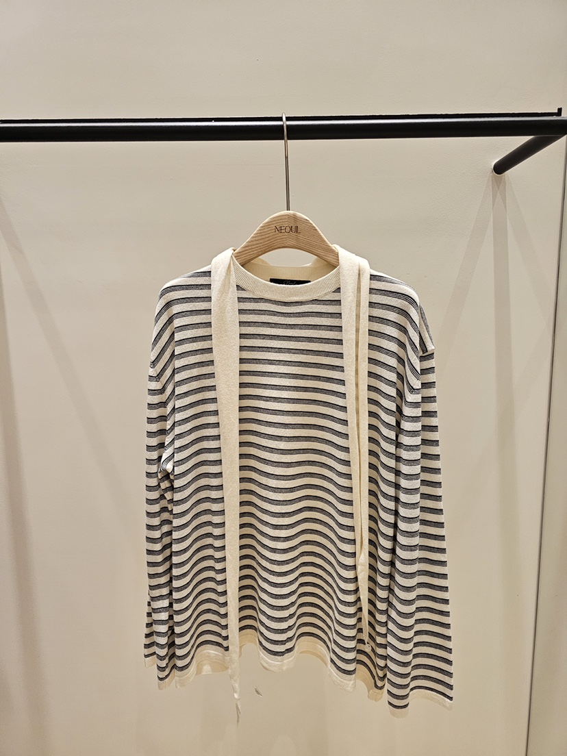 NEOUL東大門實拍女士新品時尚26夏季熱賣長袖T恤含圍巾條紋NEOUL/ahin雙領標簽長袖T恤圖色2