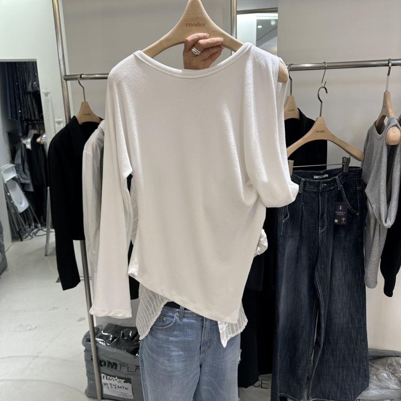 RENDER東大門代購女士新款人氣時尚休閑真品推薦長袖T恤露肩RENDER長袖T恤圖色1