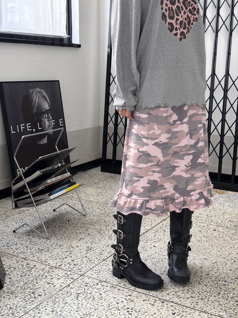 YES東大門實拍女士新品休閑人氣推薦半身裙中短裙荷葉邊迷彩YES半身裙/中短裙