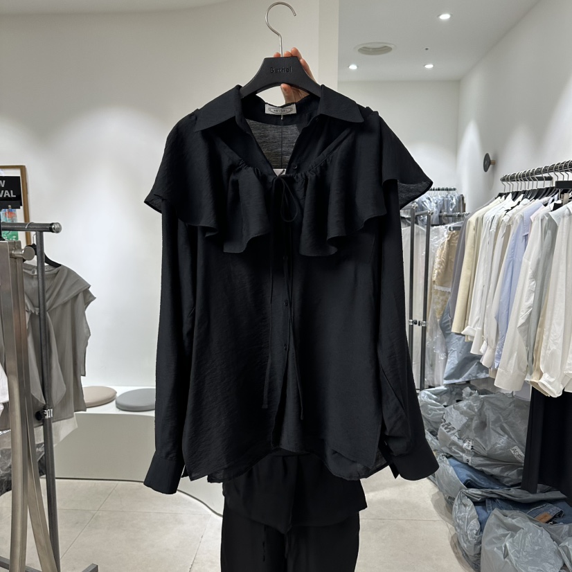 BETHEL韓國直郵女士新品26夏季襯衫蕾絲衫含圍巾披肩褶邊BETHEL襯衫/蕾絲衫