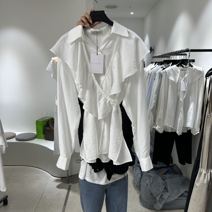 BETHEL韓國直郵女士新品26夏季襯衫蕾絲衫含圍巾披肩褶邊BETHEL襯衫/蕾絲衫圖色1