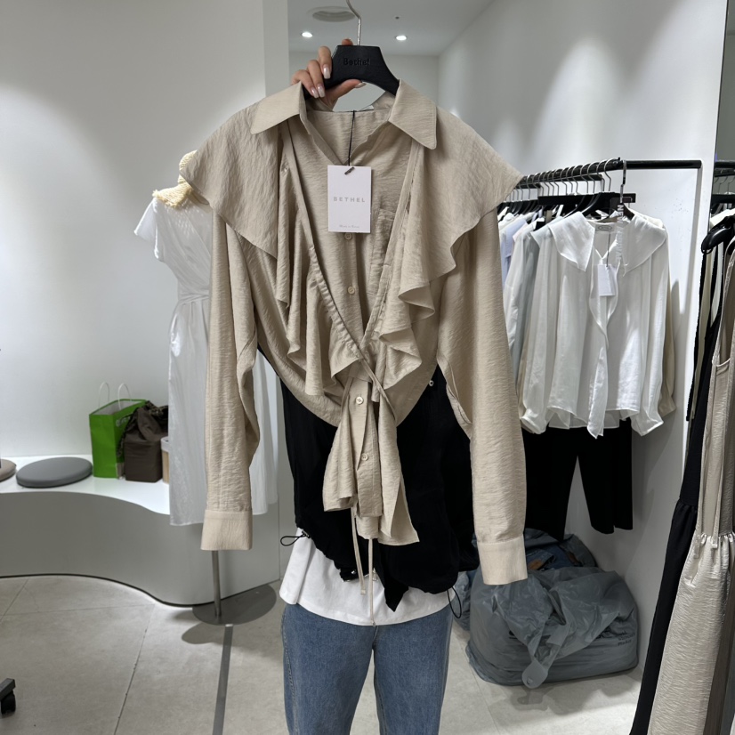 BETHEL韓國直郵女士新品26夏季襯衫蕾絲衫含圍巾披肩褶邊BETHEL襯衫/蕾絲衫圖色2