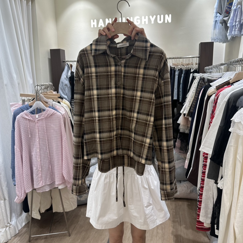 HANSUNGHYUN韓國代購女士新款26夏季推薦人氣襯衫蕾絲衫格子HANSUNGHYUN襯衫/蕾絲衫圖色1