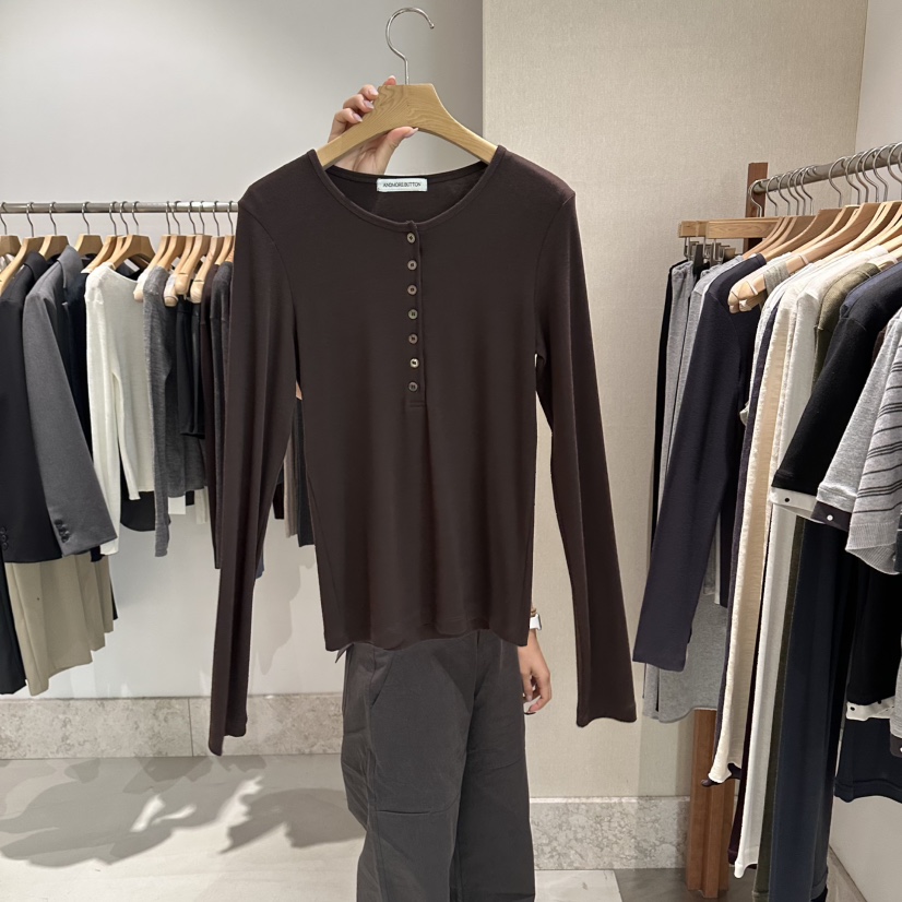 ANDMORE BUTTON韓國直郵女士新品推薦熱賣長袖T恤紐扣羅紋ANDMORE BUTTON長袖T恤圖色4棕色