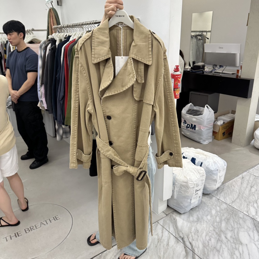 BREATHE東大門代購女士新品真品休閑長款風衣含腰帶斜紋布BREATHE長款風衣圖色1