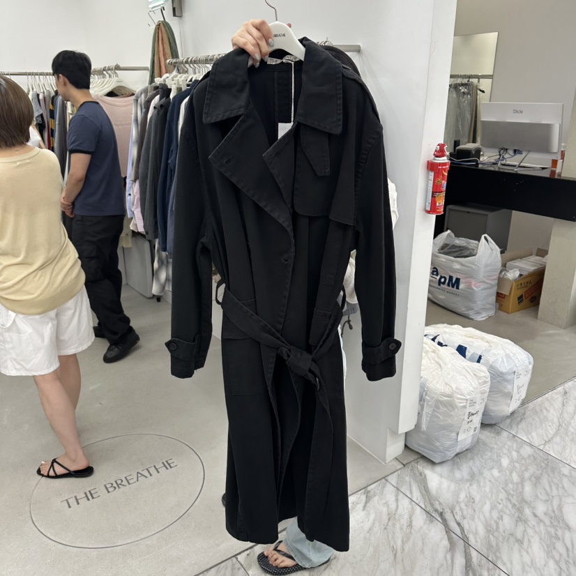 BREATHE東大門代購女士新品真品休閑長款風衣含腰帶斜紋布BREATHE長款風衣圖色3黑色