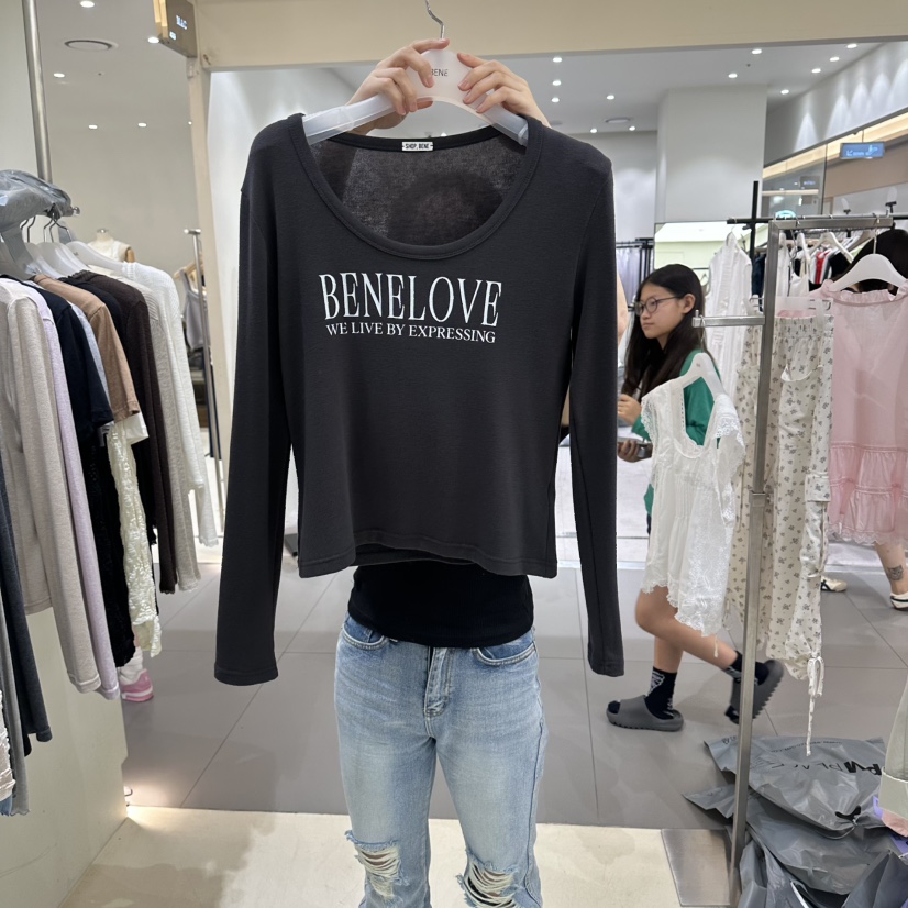 BENE東大門代購女裝新款真品26夏季時尚人氣熱賣長袖T恤U領BENE長袖T恤圖色4墨色