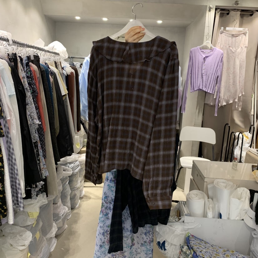 LOGROAD韓國直郵女士新品真品時尚推薦26夏季襯衫蕾絲衫格子LOG ROAD襯衫/蕾絲衫