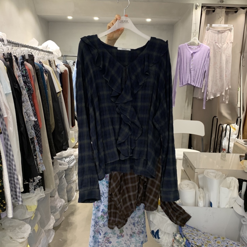 LOGROAD韓國直郵女士新品真品時尚推薦26夏季襯衫蕾絲衫格子LOG ROAD襯衫/蕾絲衫圖色2