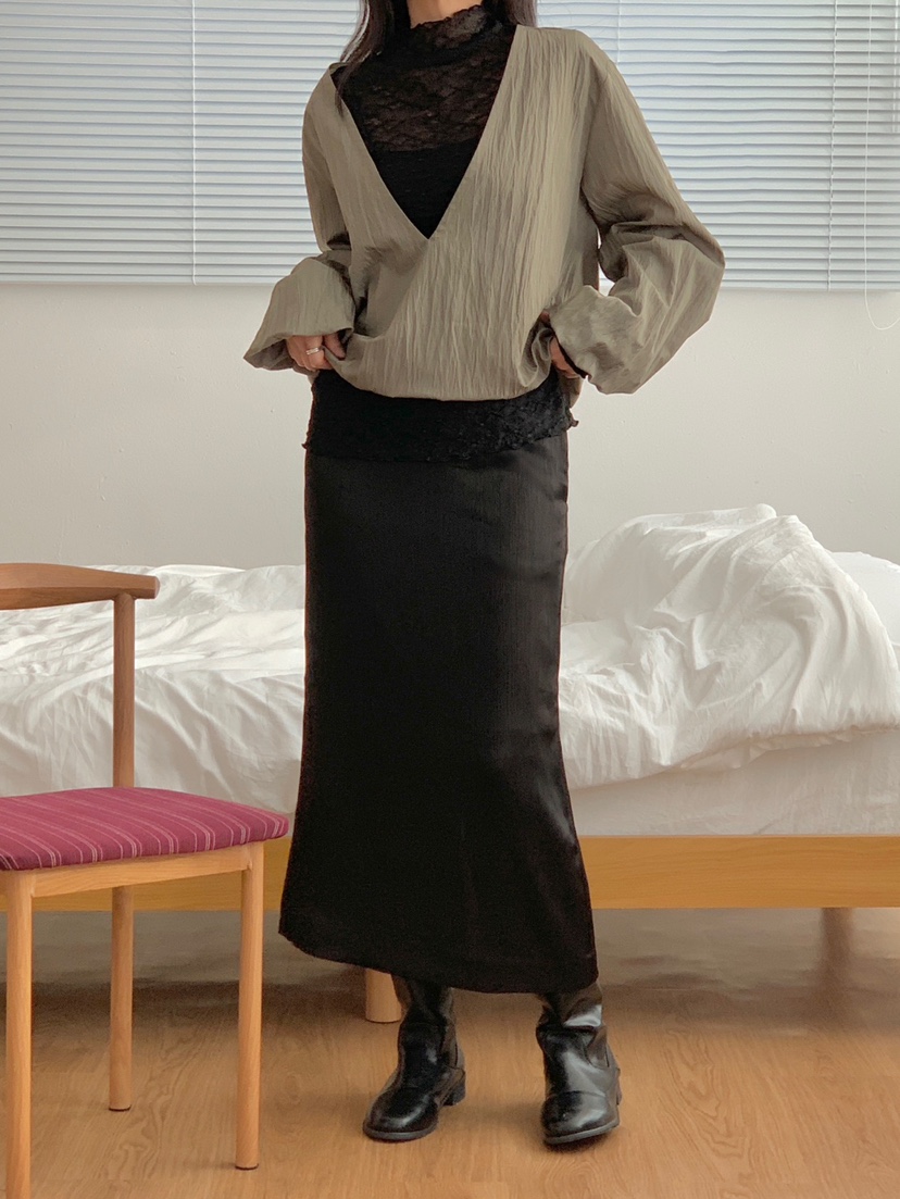 CM韓國直郵女裝新款人氣職業真品26初秋26秋冬長裙褶裥緞面CM_centimeter長裙