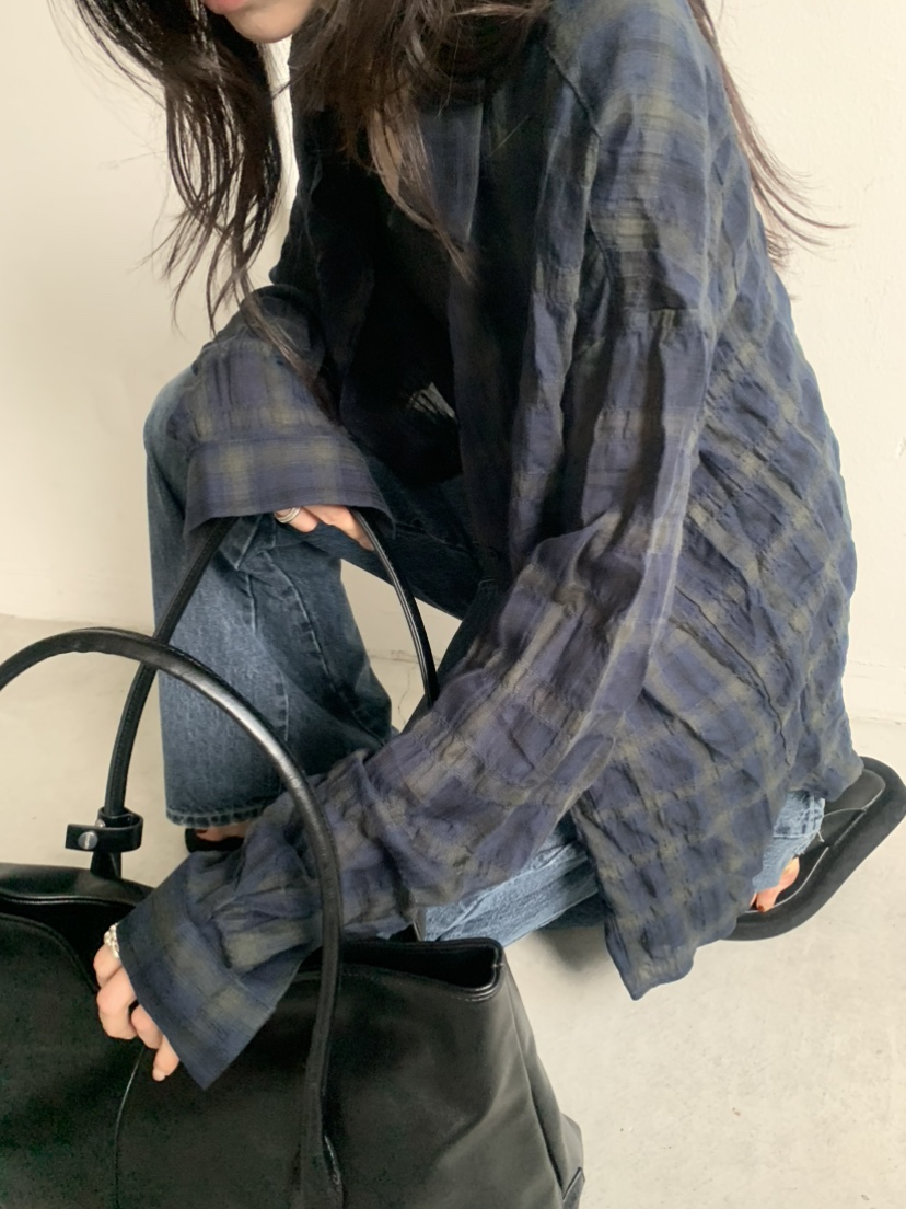 LE AVE韓國代購女士新款人氣26春夏推薦襯衫蕾絲衫復古格紋LE AVE襯衫/蕾絲衫