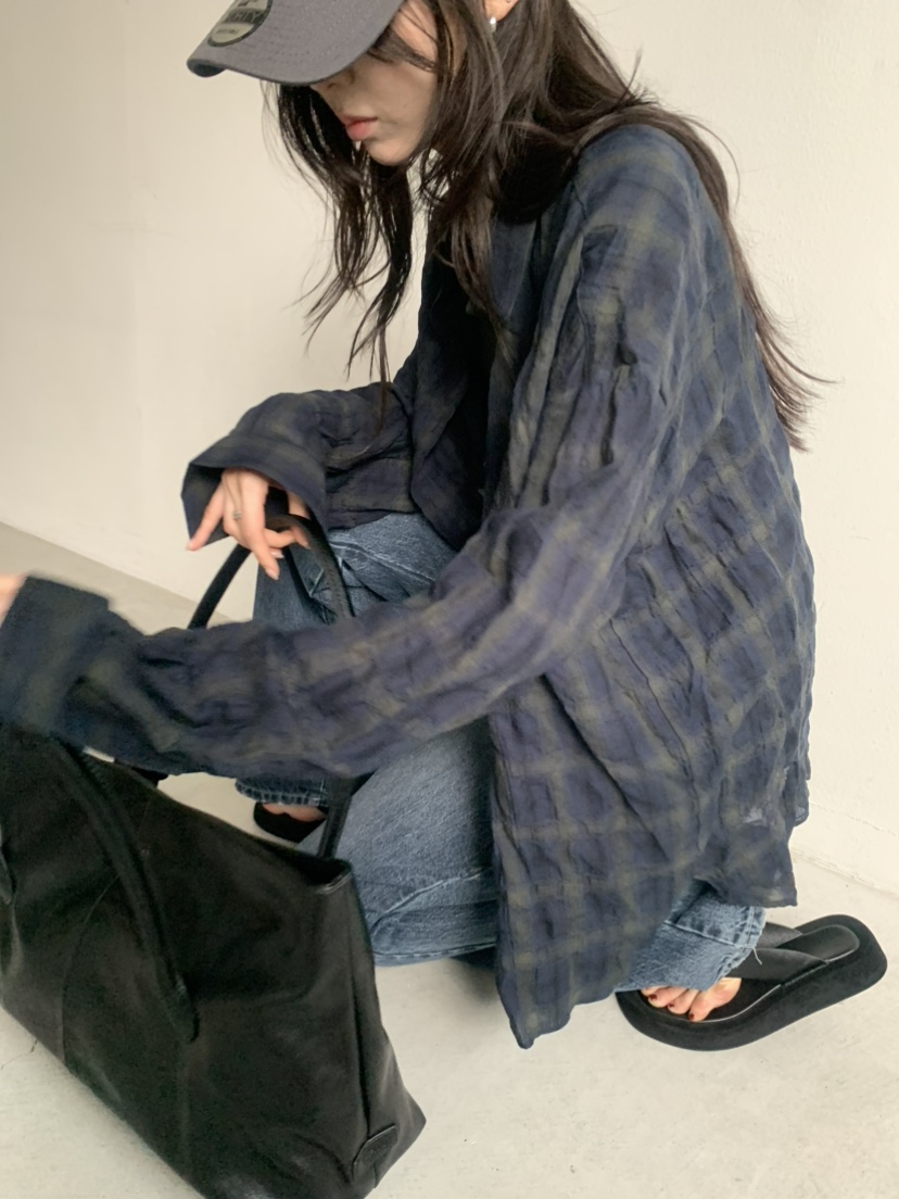 LE AVE韓國代購女士新款人氣26春夏推薦襯衫蕾絲衫復古格紋LE AVE襯衫/蕾絲衫