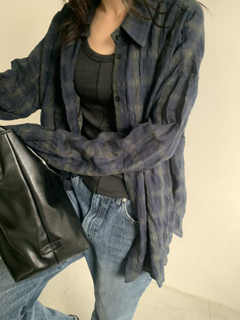 LE AVE韓國代購女士新款人氣26春夏推薦襯衫蕾絲衫復古格紋LE AVE襯衫/蕾絲衫