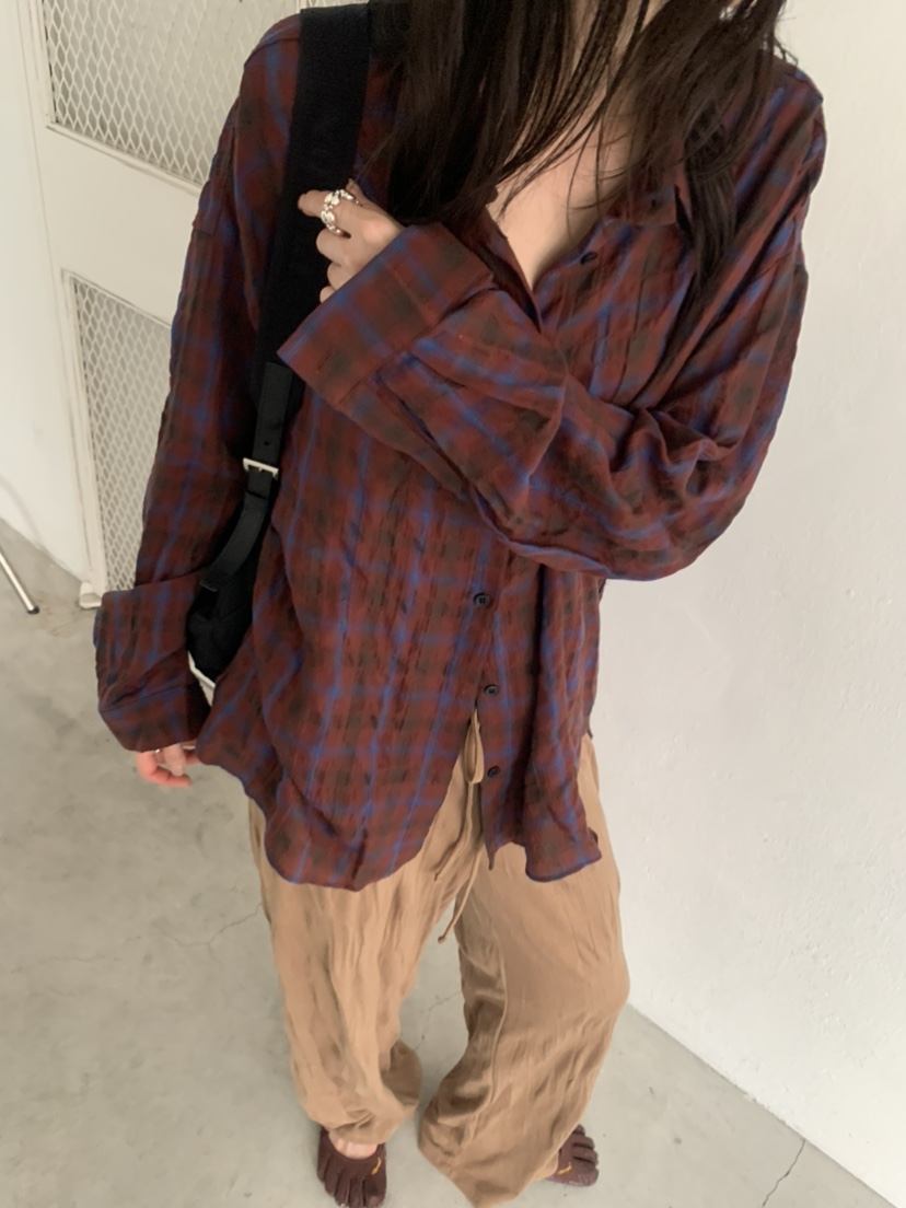 LE AVE韓國代購女士新款人氣26春夏推薦襯衫蕾絲衫復古格紋LE AVE襯衫/蕾絲衫