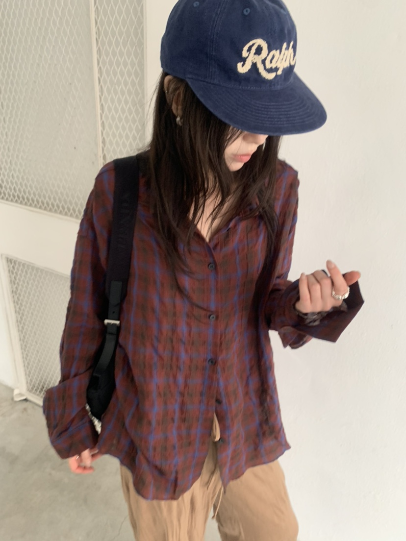 LE AVE韓國代購女士新款人氣26春夏推薦襯衫蕾絲衫復古格紋LE AVE襯衫/蕾絲衫