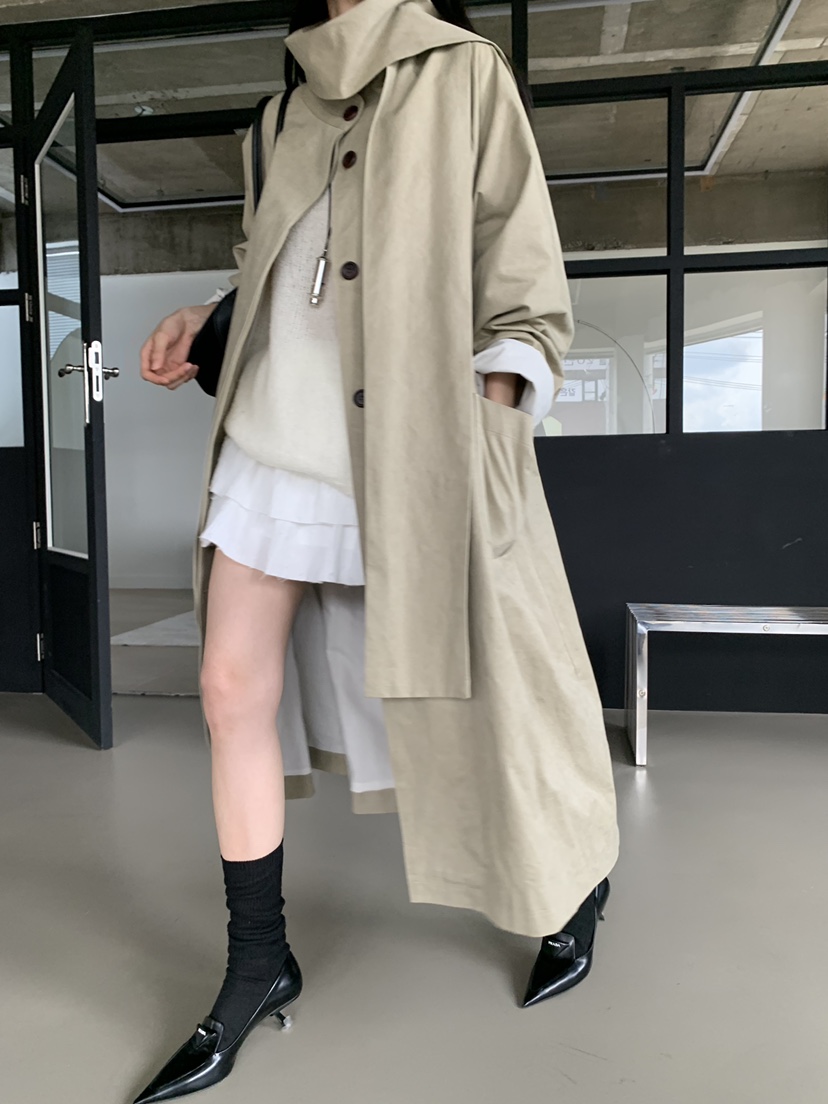 TRUE東大門代購女士新品推薦熱賣時尚長款風衣可拆卸圍巾TRUE長款風衣