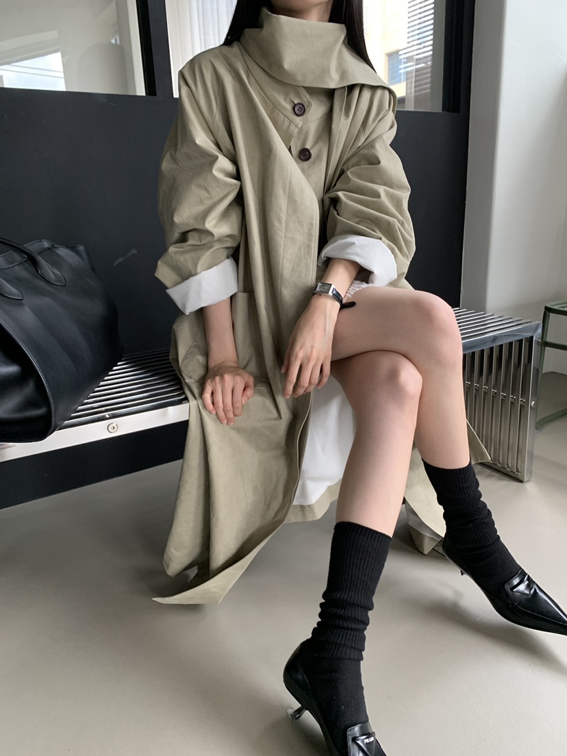 TRUE東大門代購女士新品推薦熱賣時尚長款風衣可拆卸圍巾TRUE長款風衣