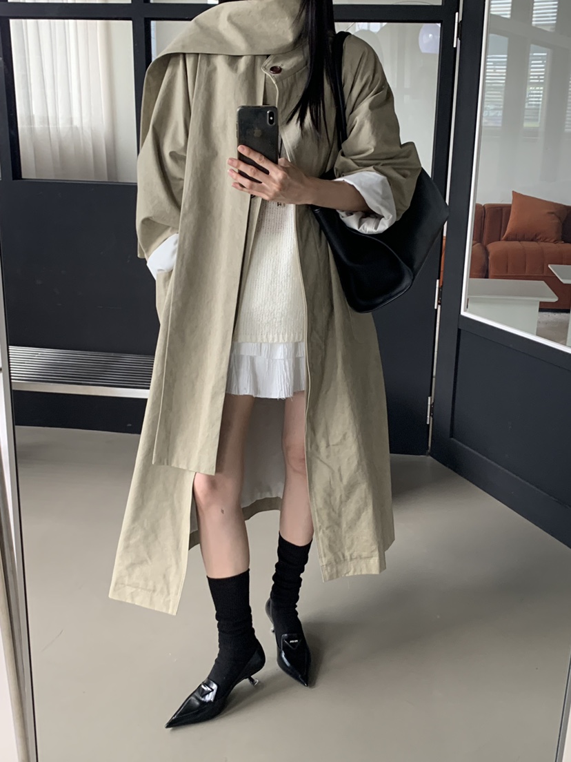 TRUE東大門代購女士新品推薦熱賣時尚長款風衣可拆卸圍巾TRUE長款風衣
