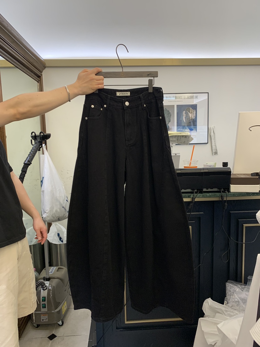 空韓國代購女裝新品熱賣推薦真品時尚休閑人氣牛仔褲粗花呢VIRKIN牛仔褲圖色2光面黑