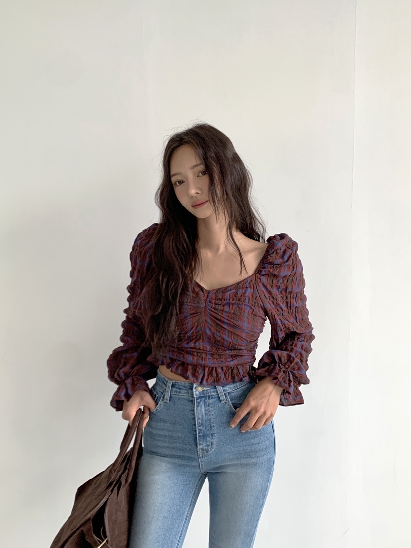 VERANDA韓國代購女裝新款人氣熱賣休閑襯衫蕾絲衫格子褶皺VERANDA襯衫/蕾絲衫