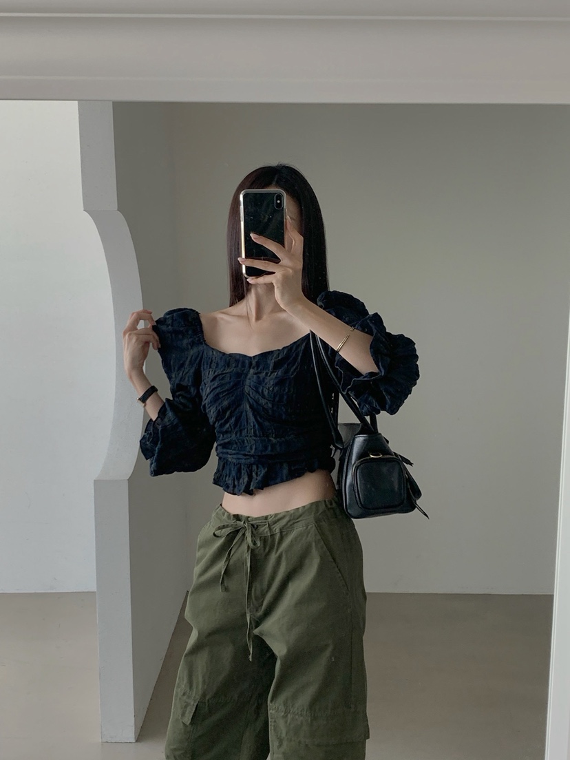 VERANDA韓國代購女裝新款人氣熱賣休閑襯衫蕾絲衫格子褶皺VERANDA襯衫/蕾絲衫