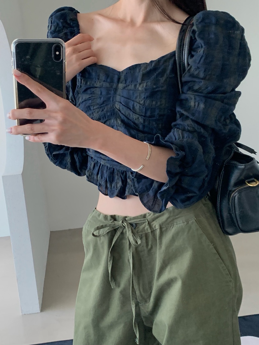 VERANDA韓國代購女裝新款人氣熱賣休閑襯衫蕾絲衫格子褶皺VERANDA襯衫/蕾絲衫