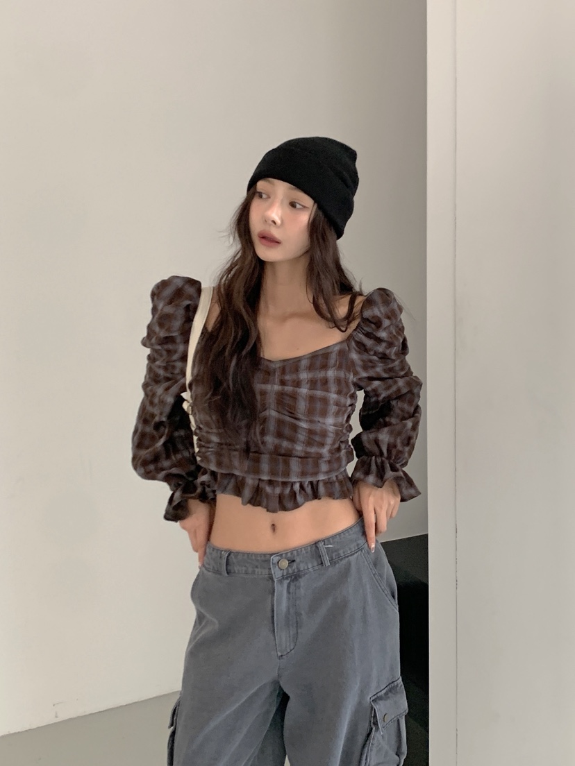 VERANDA韓國代購女裝新款人氣熱賣休閑襯衫蕾絲衫格子褶皺VERANDA襯衫/蕾絲衫
