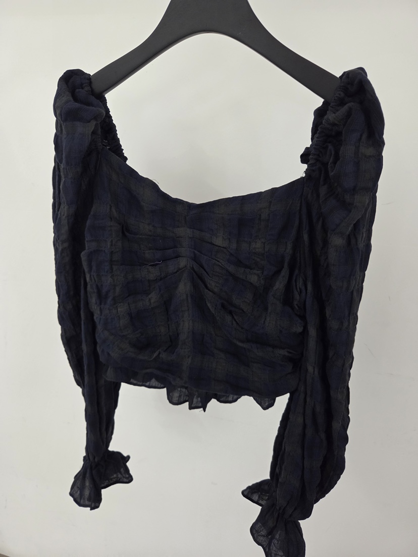 VERANDA韓國代購女裝新款人氣熱賣休閑襯衫蕾絲衫格子褶皺VERANDA襯衫/蕾絲衫