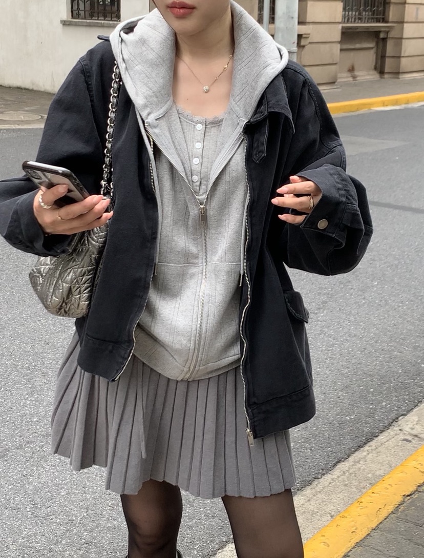 LA CREME東大門實拍女裝新款真品推薦衛衣拉鏈連帽衫提花LA CREME衛衣