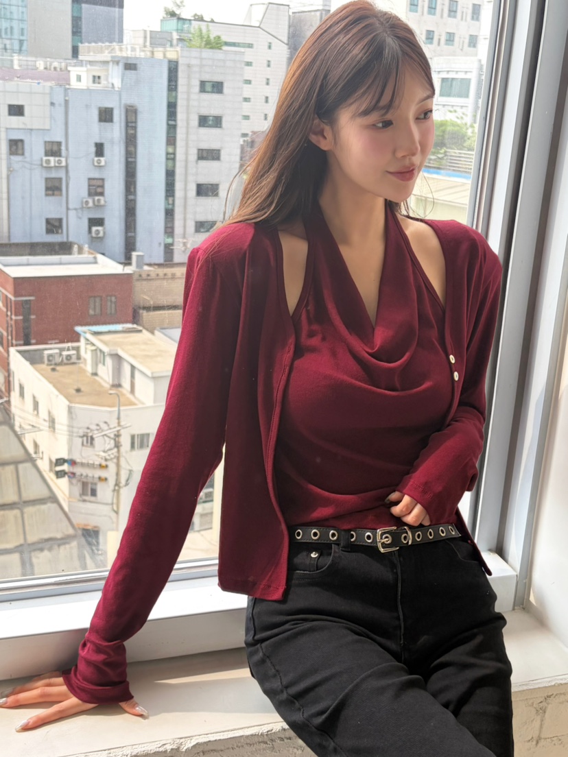 N BROWN東大門實拍26秋季新款休閑推薦熱賣長袖T恤露背開衫N BROWN長袖T恤