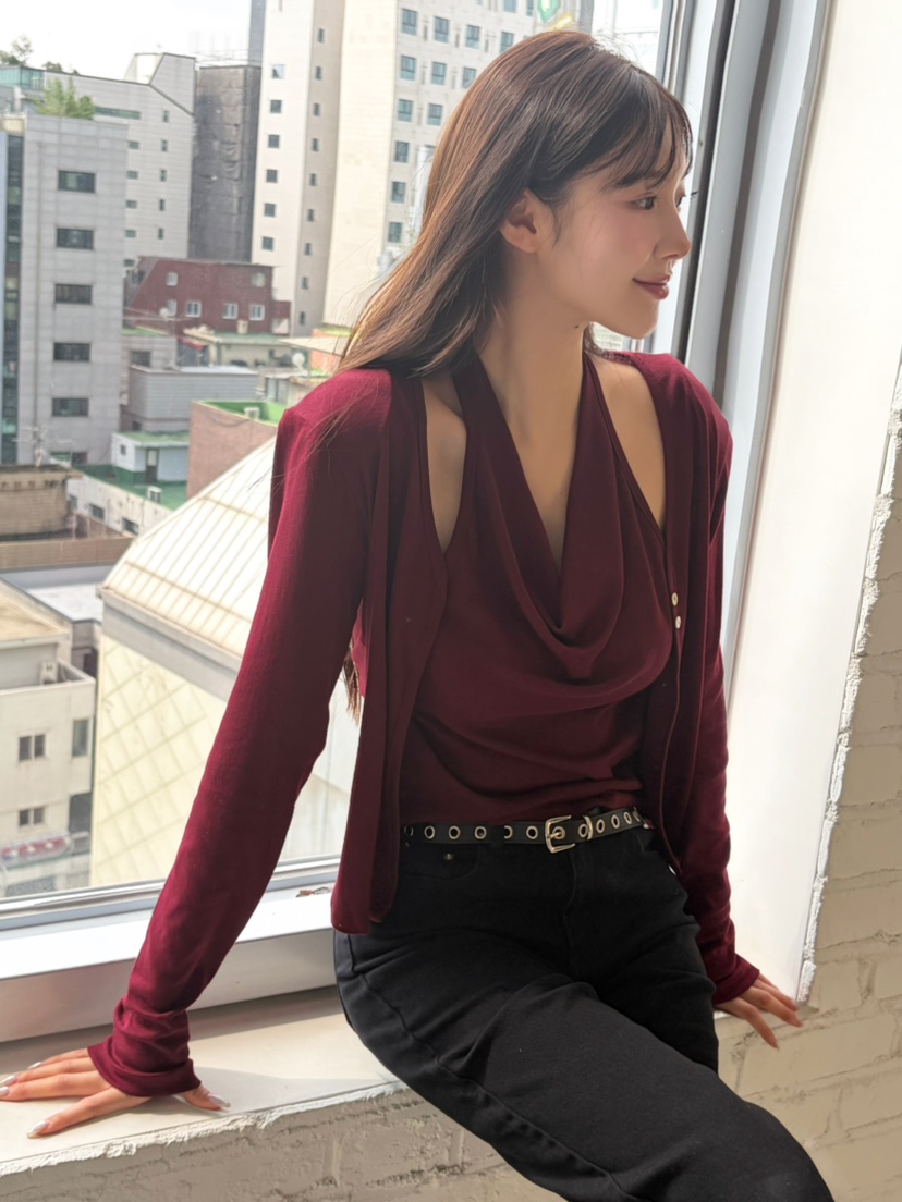 N BROWN東大門實拍26秋季新款休閑推薦熱賣長袖T恤露背開衫N BROWN長袖T恤