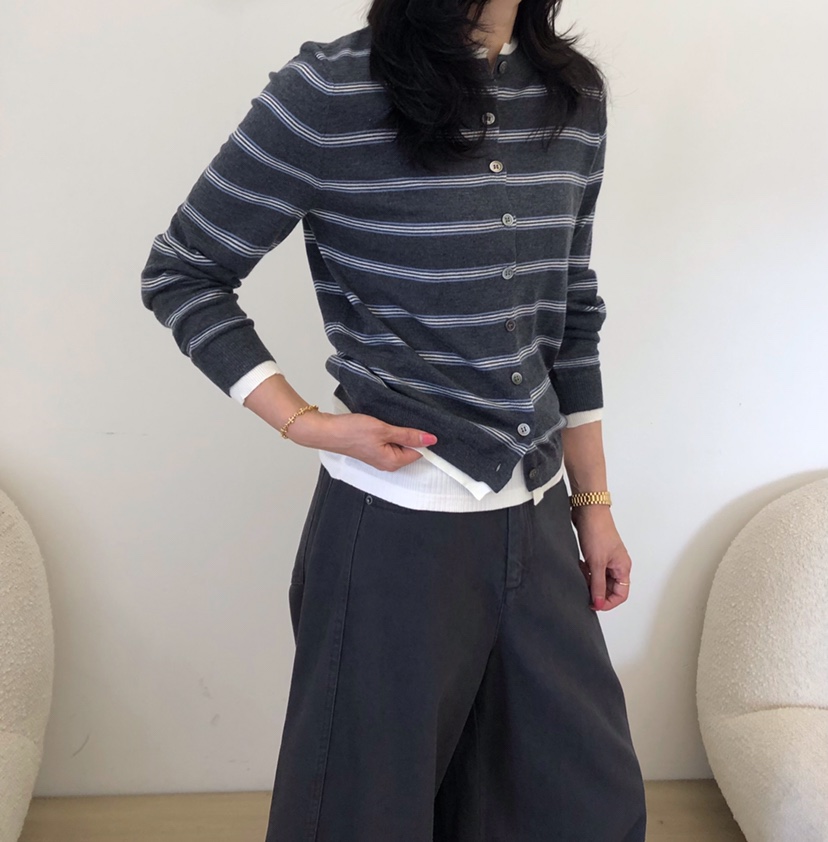 GLAD SOME東大門直郵26秋冬新款休閑針織衫假兩件撞色開衫條紋GLAD SOME針織衫