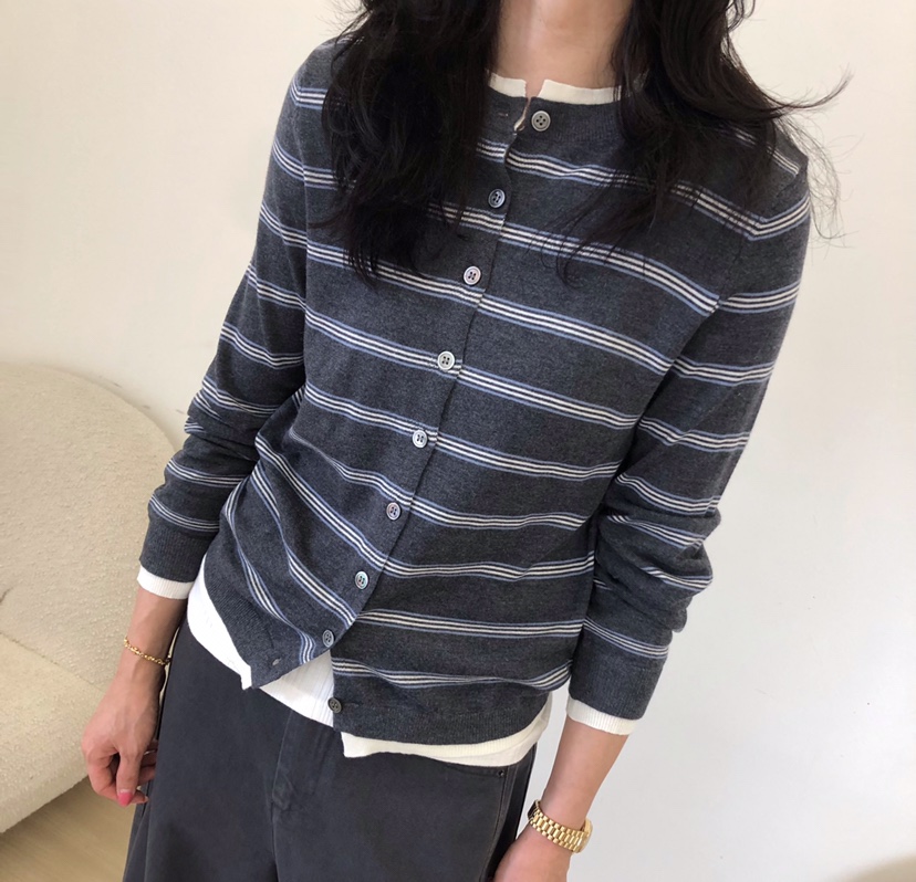 GLAD SOME東大門直郵26秋冬新款休閑針織衫假兩件撞色開衫條紋GLAD SOME針織衫圖色2