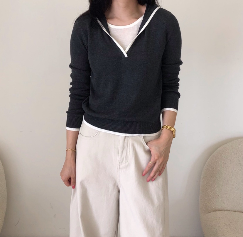 GLAD SOME東大門直郵女裝新品休閑針織衫假兩件連帽衫撞色GLAD SOME針織衫圖色2