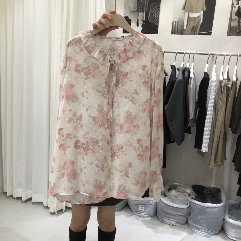 A Flan東大門實拍女士新品時尚熱賣休閑襯衫蕾絲衫花朵圓點AFN/FLAN EDITION襯衫/蕾絲衫圖色1
