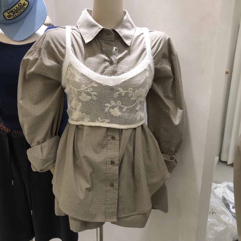 A Flan韓國直郵女裝新品推薦休閑人氣真品襯衫蕾絲衫格子AFN/FLAN EDITION襯衫/蕾絲衫