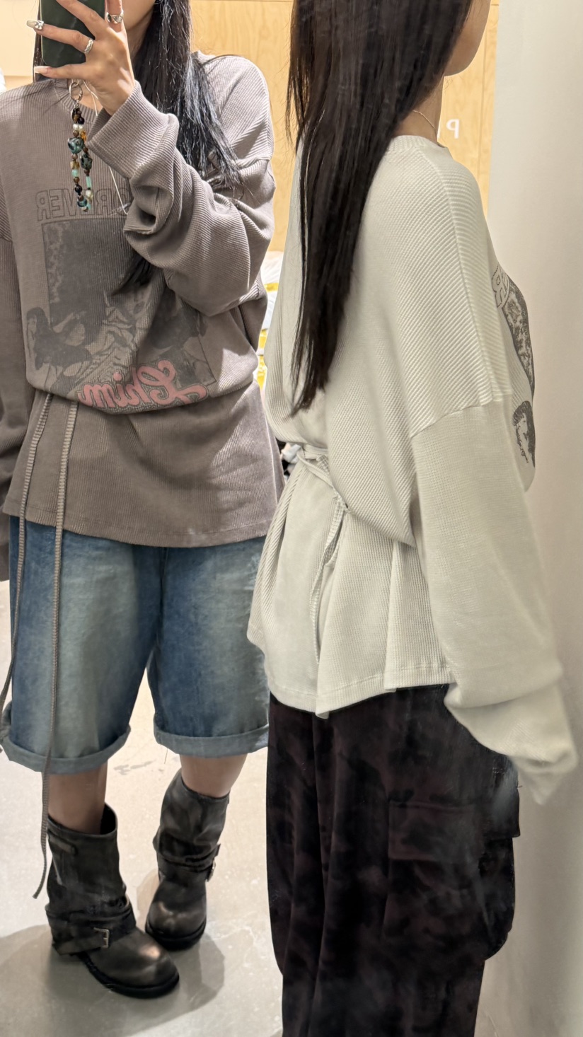 OKIE韓國直郵女士新品人氣時尚休閑真品長袖T恤華夫格套裝OKIE長袖T恤