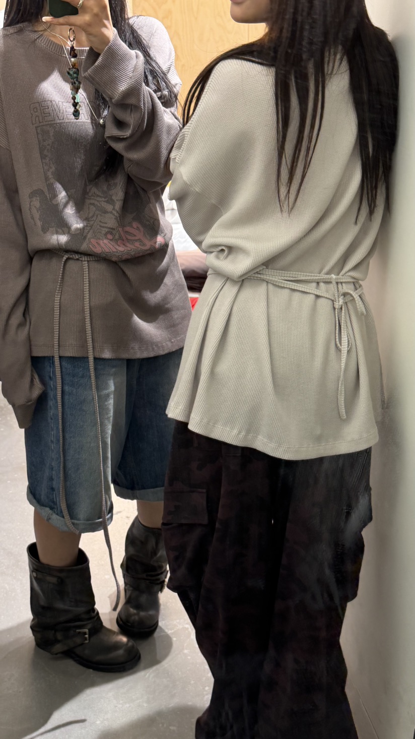 OKIE韓國直郵女士新品人氣時尚休閑真品長袖T恤華夫格套裝OKIE長袖T恤