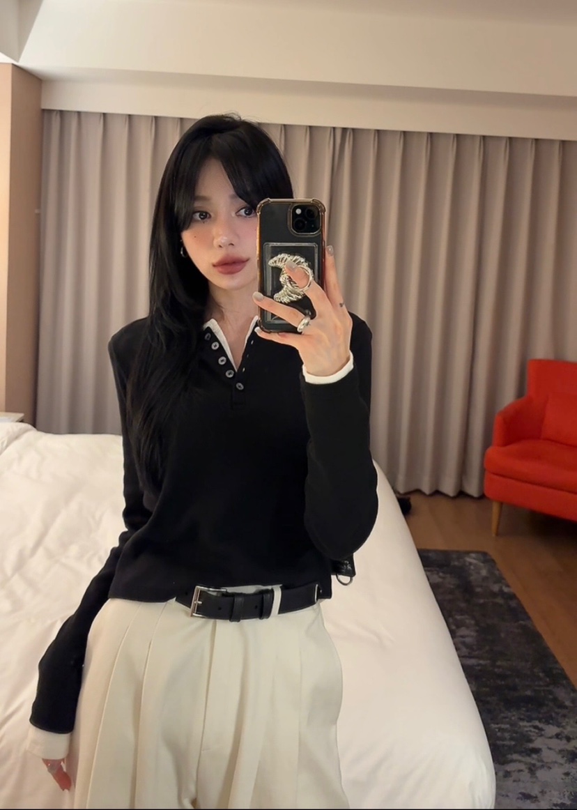 AMUSE SEOUL東大門實拍女士新款真品休閑長袖T恤紐扣羅紋AMUSE SEOUL長袖T恤