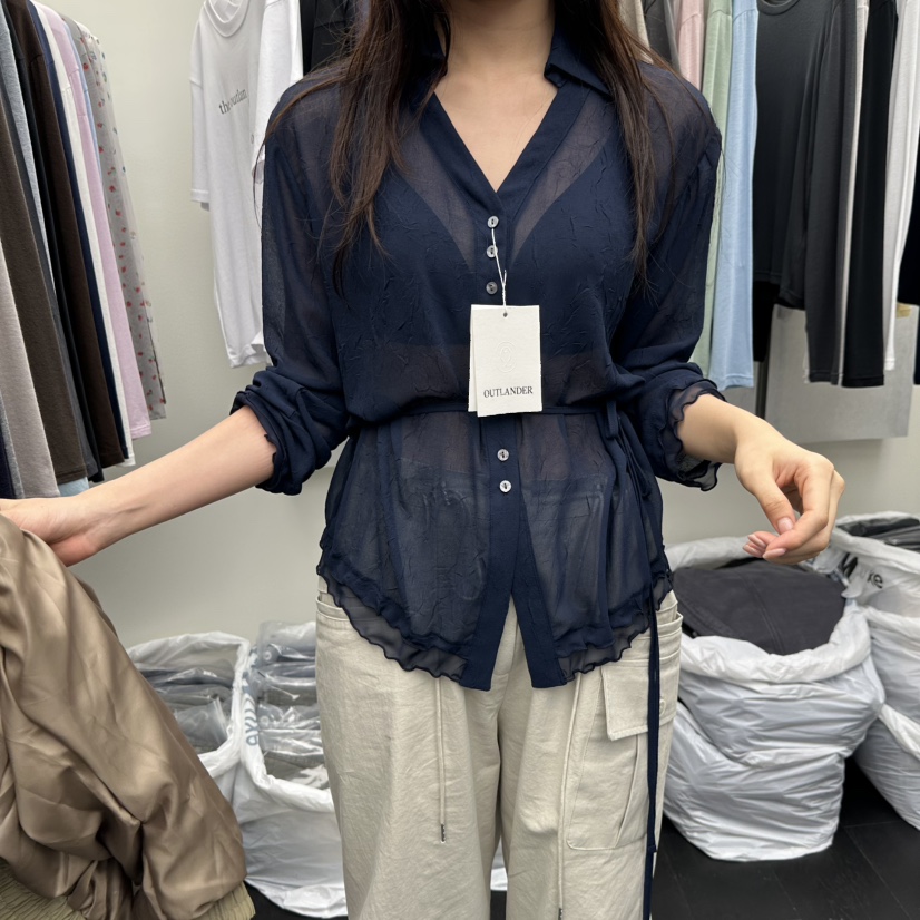 X韓國直郵女士新款熱賣時尚真品休閑推薦襯衫蕾絲衫含腰繩OUTLANDER襯衫/蕾絲衫圖色4