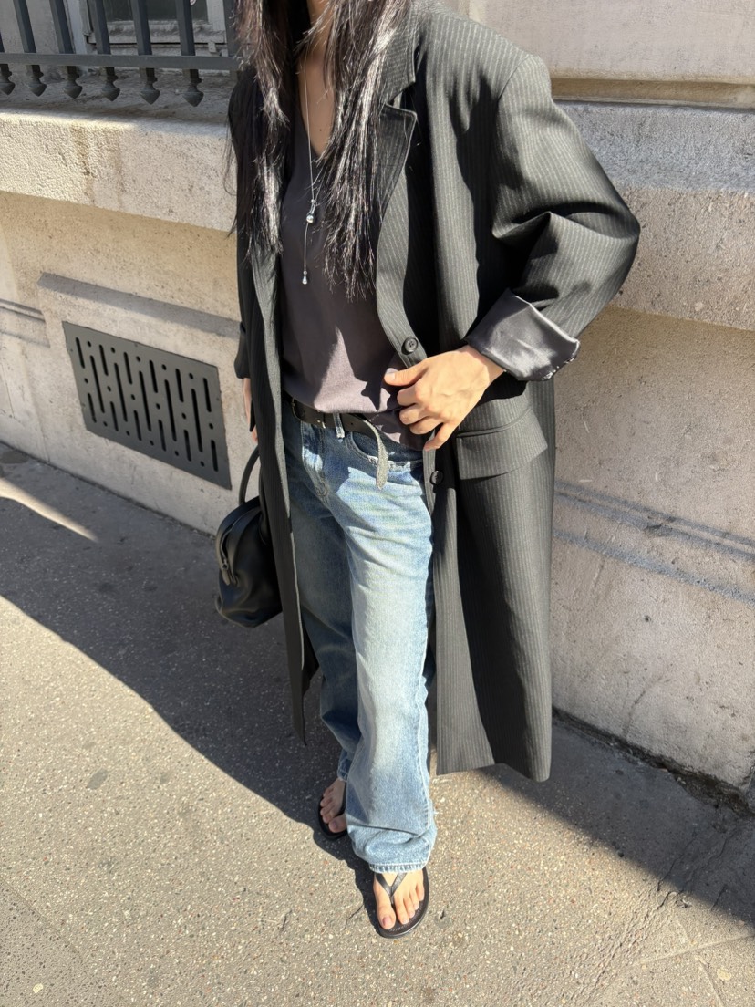 FOR TAPE東大門代購女士新品推薦時尚熱賣中長款大衣條紋FOR TAPE中長款大衣
