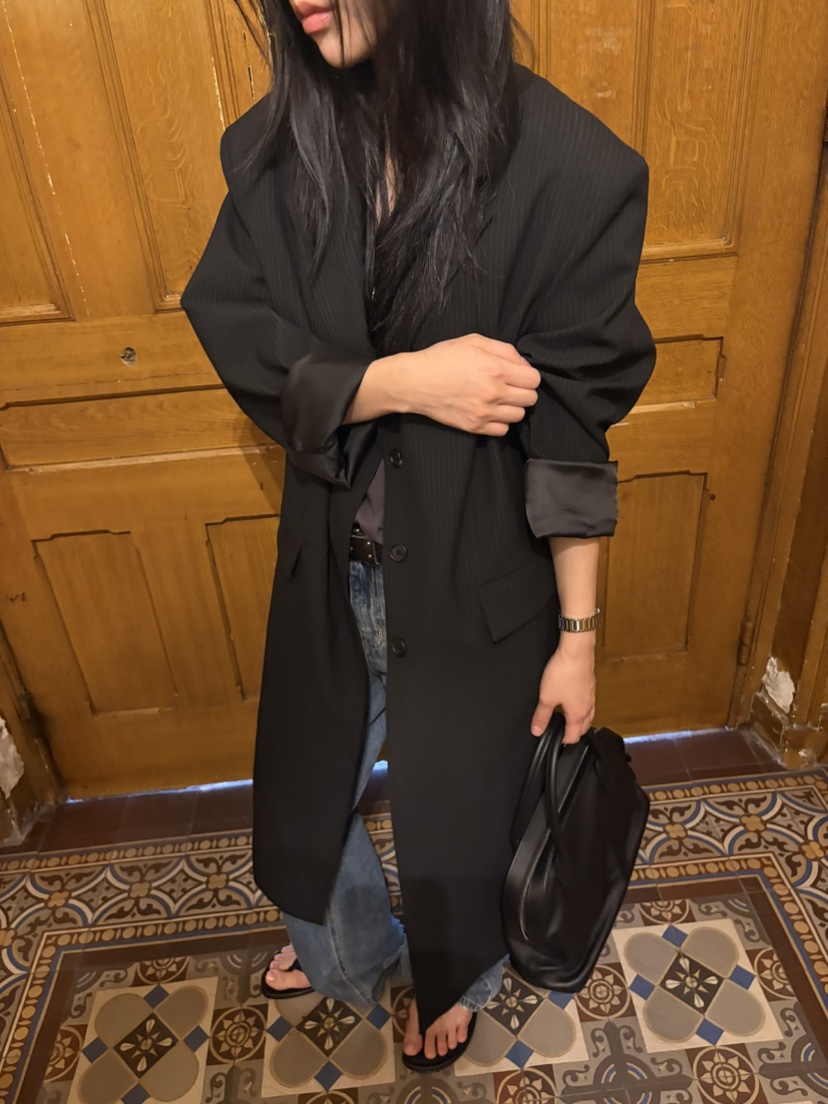FOR TAPE東大門代購女士新品推薦時尚熱賣中長款大衣條紋FOR TAPE中長款大衣
