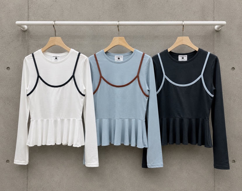 NYLON東大門代購女士新品時尚人氣長袖T恤假兩件撞色無袖NYLON長袖T恤