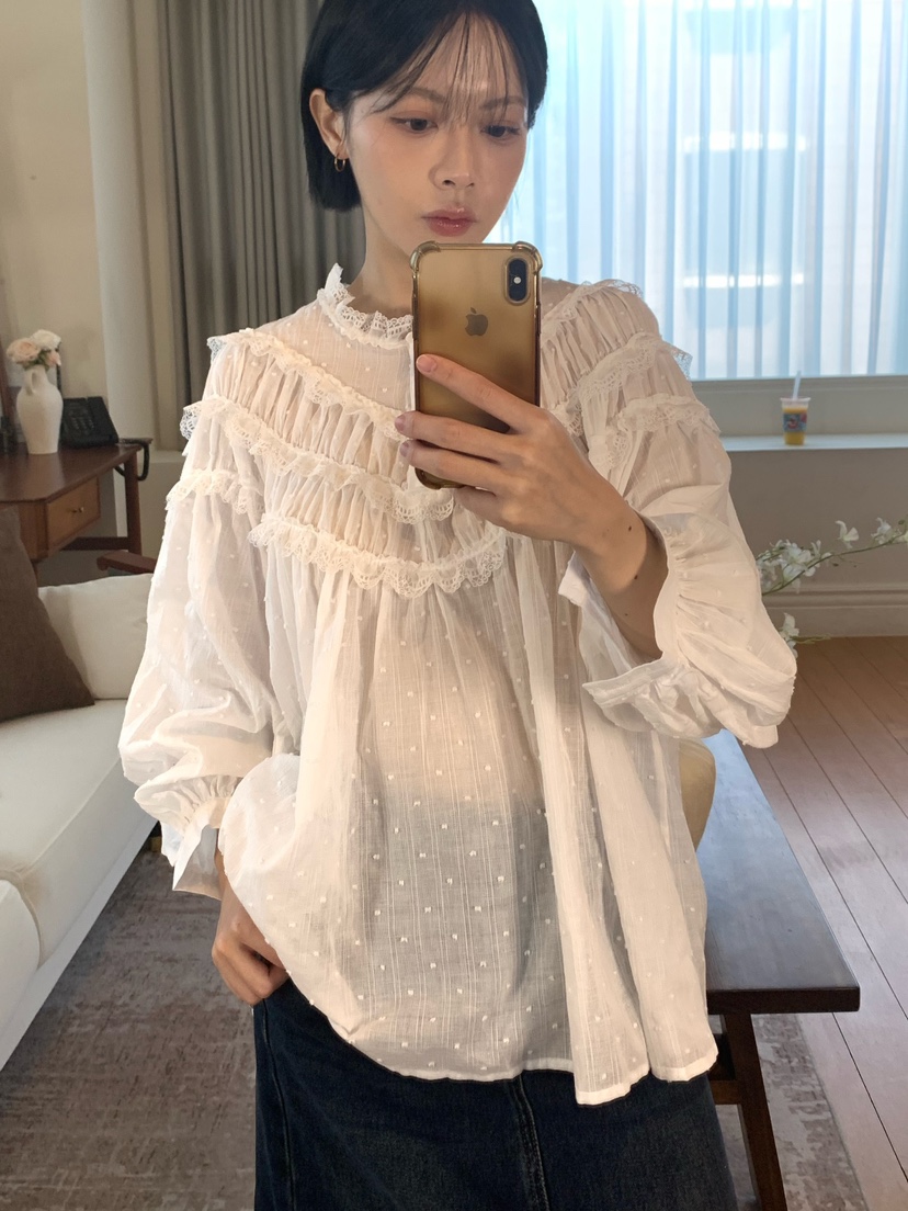 MAINT韓國代購26秋冬新款熱賣休閑推薦時尚襯衫蕾絲衫褶邊MAINT襯衫/蕾絲衫
