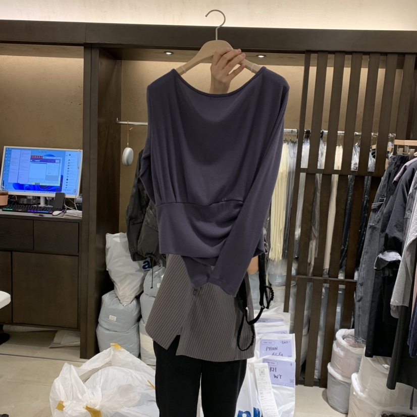 RAWROW東大門實拍女士新品熱賣推薦人氣真品長袖T恤褶皺露肩RAWROW長袖T恤