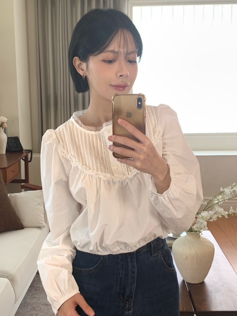 MAINT韓國代購26秋季新品人氣推薦休閑襯衫蕾絲衫短款褶裥MAINT襯衫/蕾絲衫