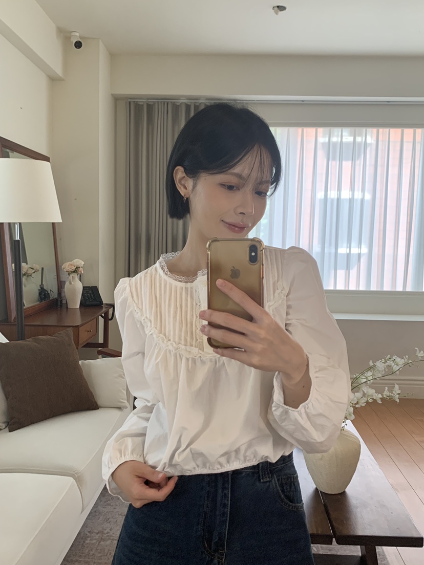 MAINT韓國代購26秋季新品人氣推薦休閑襯衫蕾絲衫短款褶裥MAINT襯衫/蕾絲衫