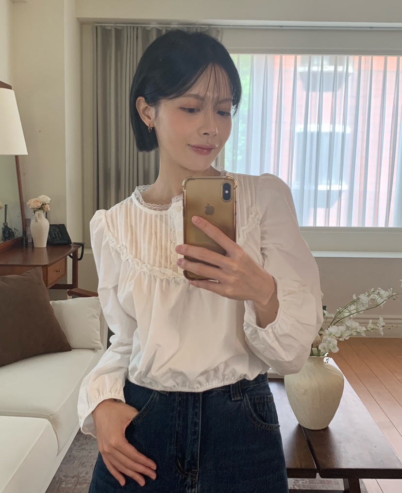 MAINT韓國代購26秋季新品人氣推薦休閑襯衫蕾絲衫短款褶裥MAINT襯衫/蕾絲衫